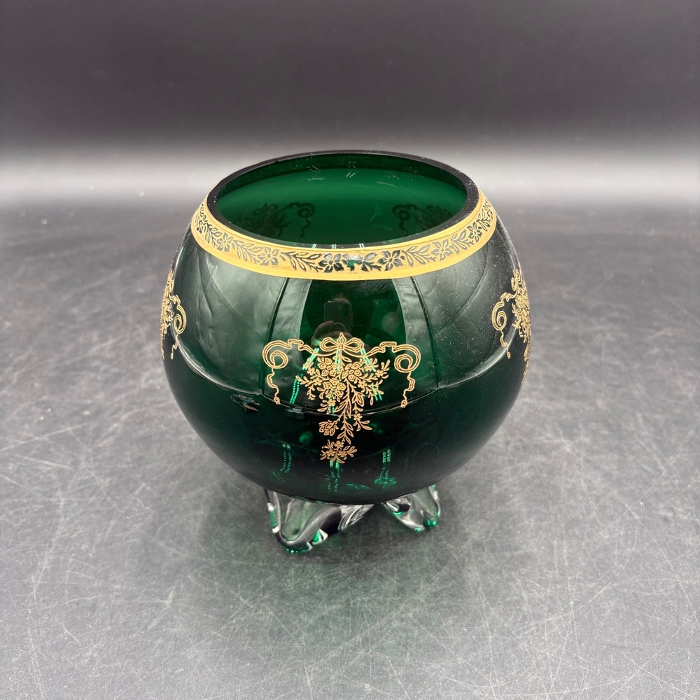 Vtg Tiffan Francisiscan Melrose Emerald Green Glass Bowl Gold Gilt Floral Footed